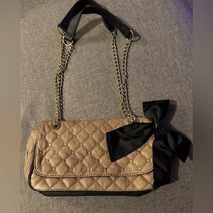 Betsey Johnson Purse Brown & Black Gold Heart Studded Faux Leather Shoulder Bag